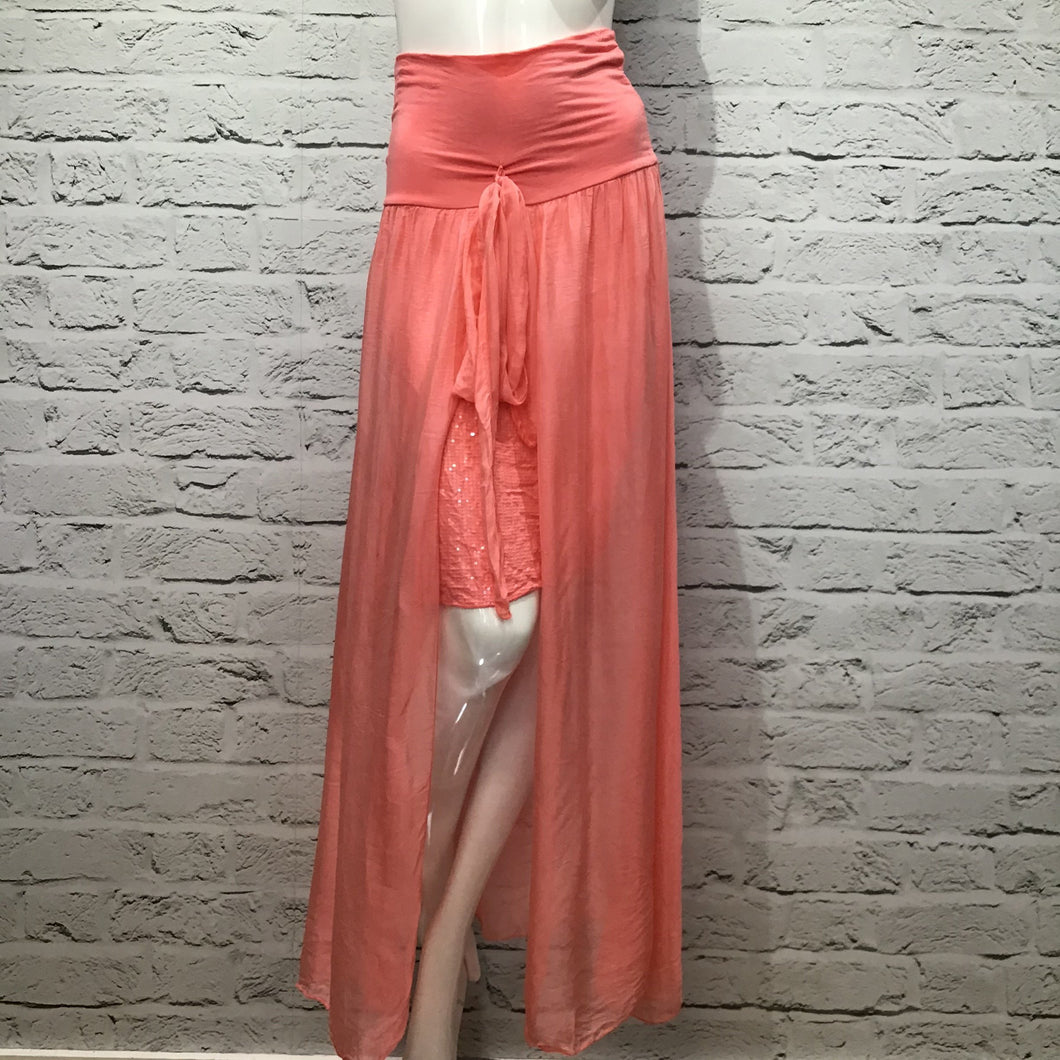 Coral Italian Silk Sequin High Low Skirt