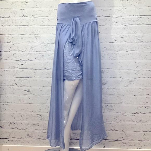 Denim Blue Italian Silk Sequin High Low Skirt